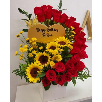 Personalized-Golden-Heart-Flower-Arrangement-Sunflowers-and-Double-Red-Roses's-Cascade