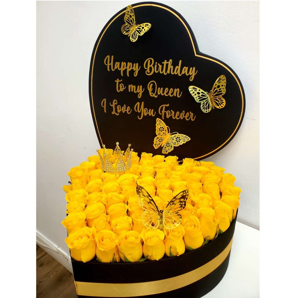 Personalized-Happy-Bithday-Heart-Black-Box-with-Yellow-Roses
