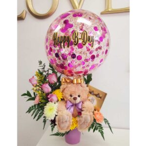 Personalized-flower-arrangement-pink-roses-teddy-bear