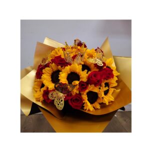Sunflowers-and-Red-Roses-Hand-Bouquet-Decorated-with-Crown-and-Butterflies