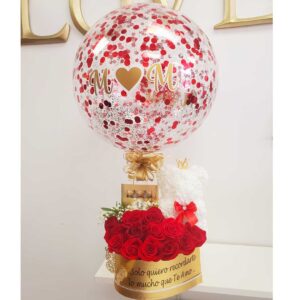 Personalized Flower Arrangement with red roses, rose beat, chocolate and balloon