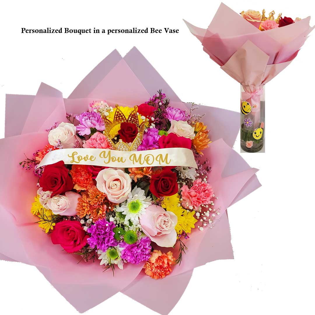 B007 - Personalized Colorful 100 Roses Bouquet decorated with a Crown and  Gold Butterflies - Ramo Buchon Personalizado - Love Flowers Miami
