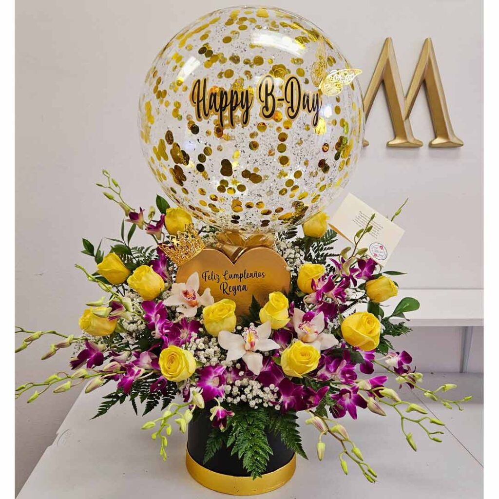 Happy-B-Day-Personalized-Balloon-Decorated-with-Violet-Dendrobium-and-Cymbidium-Orchids-Yellow-Roses-and-a-personalized-Golden-Heart