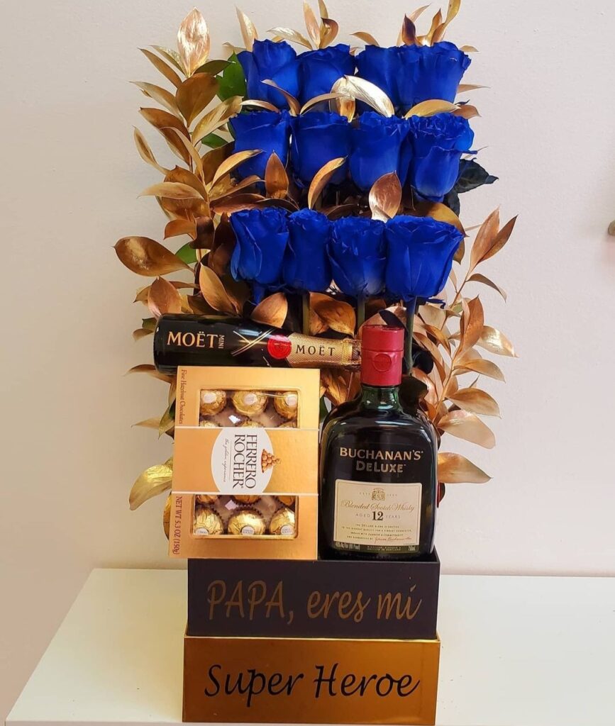 H020 - Luxury Box decorated with Blue Roses, Moet, Bombons and plus a Bottle of Buchanan's