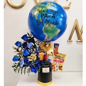 Personalized Surprise Box filled with Blue Roses, goodies and a Bottle of Whiskey (750ml) Decorated with a Beautiful Personalized Balloon
