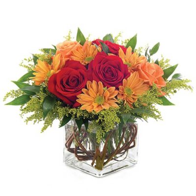 This stunning arrangement featuring roses, daisies, solidago, Italian ruscus and curly willow