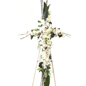 A Tribute-Cross to honor your loves one feature Cymbidium and Phalaenopsis Orchids Roses Callas Lillies and more.
