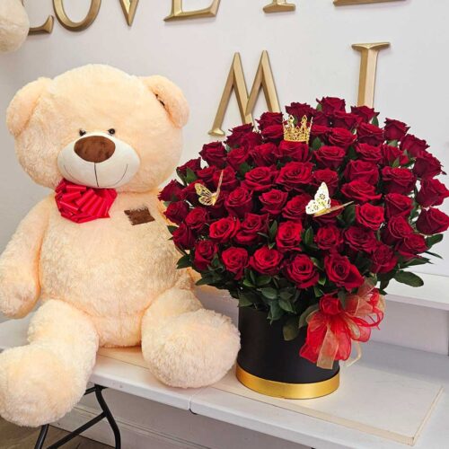 Extra-big-teddy-bears-with-100-roses-flower-arrangement