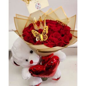 Red Roses Teddy Bear with Bouquet