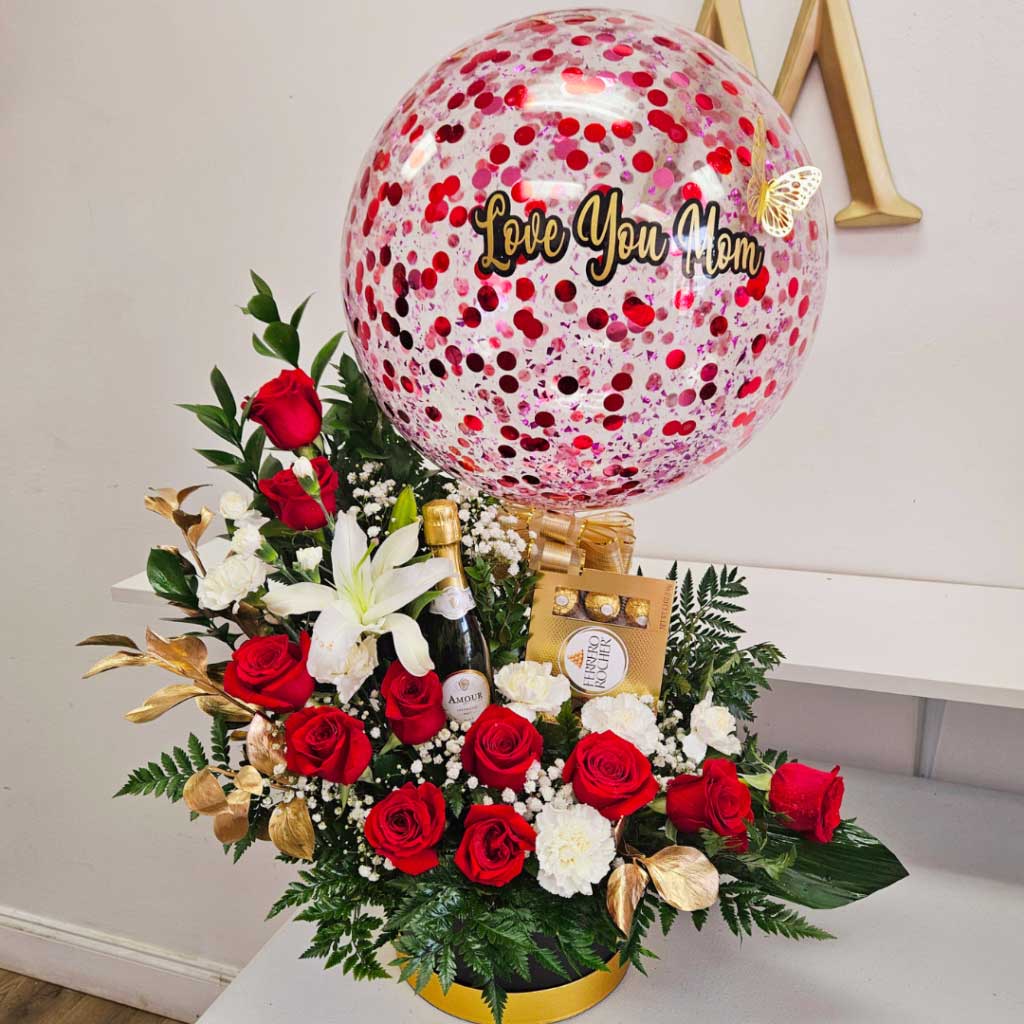 Red-roses-and-ballons-flower-arrangement