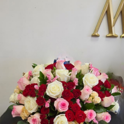 Sweetest Mom Flower Arrangement with Red, Pink, Ivory and Baby Roses, Eucalyptus and Foliage